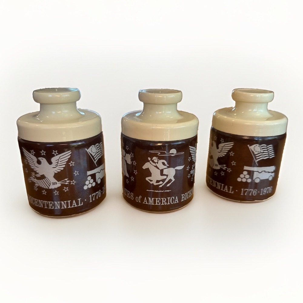 (3) United States Bicentennial Brown‎ Glass Collectible Spice Jar 1776-1976 Flag